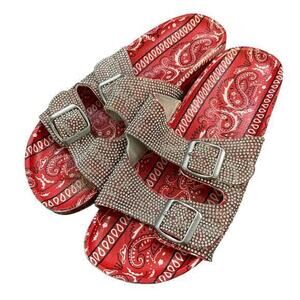 Women's Red‎ Rhinestone Bandana Slide Sandals with Buckle Closures Casual Size 8